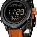 Mens Leather Watch for Men Digital Watch Men's Wrist Watches LED Minimalist Stainless Steel Waterproof Stopwatch (Brown)