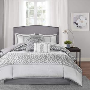 Madison Park Luxury Comforter Set-Traditional Jacquard Design All Season Down Alternative Bedding, Matching Bedskirt, Decorative Pillows, Queen(90"x90"), Bennett, Geometric Grey 7 Piece