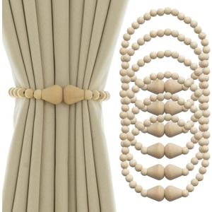 Magnetic Curtain Tiebacks 6 Pack Boho Curtain Holders for Drapes Wood Bead Curtain Tie Backs for Curtains Elegant Curtain Tiebacks for Bedroom, Boho Decor, Natural Wood