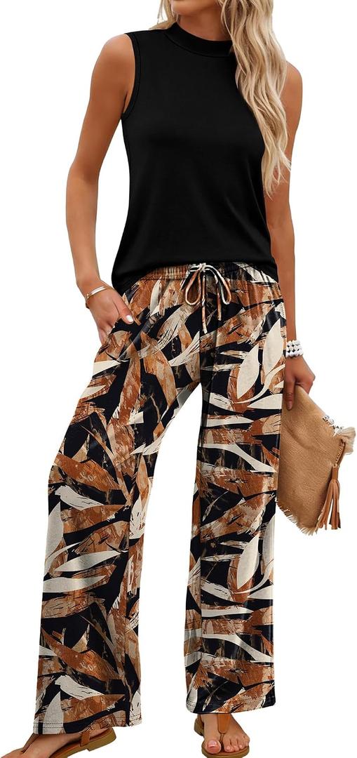WIHOLL Two Piece Set for Women Summer Spring Outfits Cruise Travel Airport Beach Vacation Mock Neck Wide Leg Pants Set (Black) L