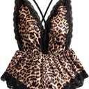 OYOANGLE Women's Cheetah Print Satin Lingerie Bodysuits Leopard Lace Trim Criss Cross Teddy Babydolls (Medium, Brown)
