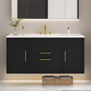 YITAHOME 36 Inch Floating Bathroom Vanity with Three Holes Sink, Wall Mounted Cabinet with 2 Storage Cabinets & 2 Drawers, Undermount Ceramic Basin, Black