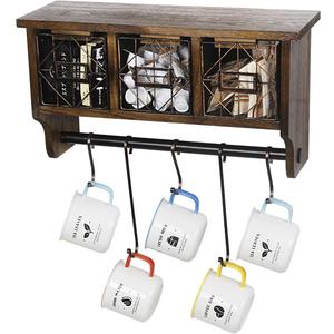 Butizone Rustic Wall Mounted Coat Rack Shelf with Hooks and Baskets, Wood Coffee Mug Storage and Display Organizer, Hanging Entryway Shelf for Coats, Hats, Towel and Keys, Brown