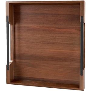 Large Ottoman Tray: 20" Square Acacia Wood Serving Tray with Metal Handles - Extra Large Decorative Tray for Coffee Table, Breakfast in Bed, Charcuterie, Living Room & Party (Black Handle 04)