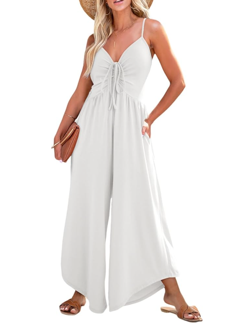 Dokotoo Womens Jumpsuits Spaghetti Straps Ruched Drawstring Knit Wide Leg Romper Casual Jumpsuits with Pockets, S