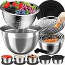 Mixing Bowls with Lids Set, 27Pcs Stainless Steel Nesting Mixing Bowls Set for Kitchen Cooking & Storage, Metal Salad Bowls with Colander, Strainer, Grater & Dressing Containers, Kitchen Gadgets Black