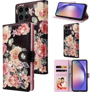 UEEBAI Wallet Case for Samsung Galaxy S25 Ultra 5G, Leather Phone Wallet Kickstand RFID Blocking Flip Case Card Slots Wrist Strap Relief Engraved Pattern Magnetic Closure Flower Cover, Black Rose