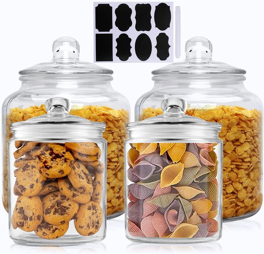 Glass Storage Containers, Clear Glass Jar with Lid, for Pantry - Flour, Coffee bean, Cookies, Pasta, Candy, Set of 4