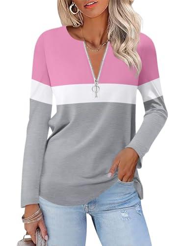 ORANDESIGNE Women's Long Sleeve Shirts Fall Zipper Tops Tunics Ladies Casual Tees Blouses, Medium