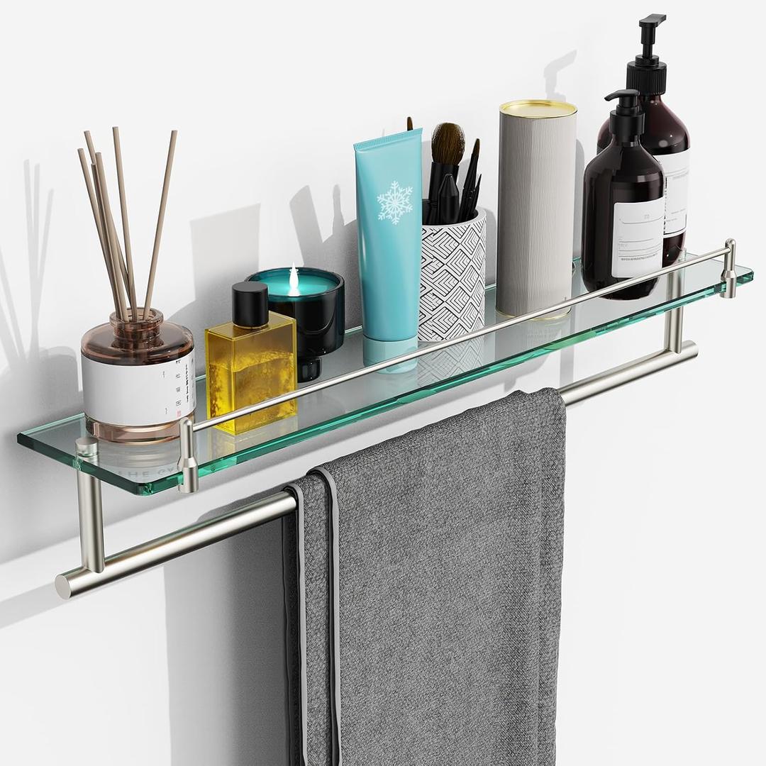 24-Inch Tempered Glass Bathroom Shelf with Towel Bar - Brushed Nickel Towel Holder Modern SUS304 Stainless Steel, Wall Mount Towel Hanger