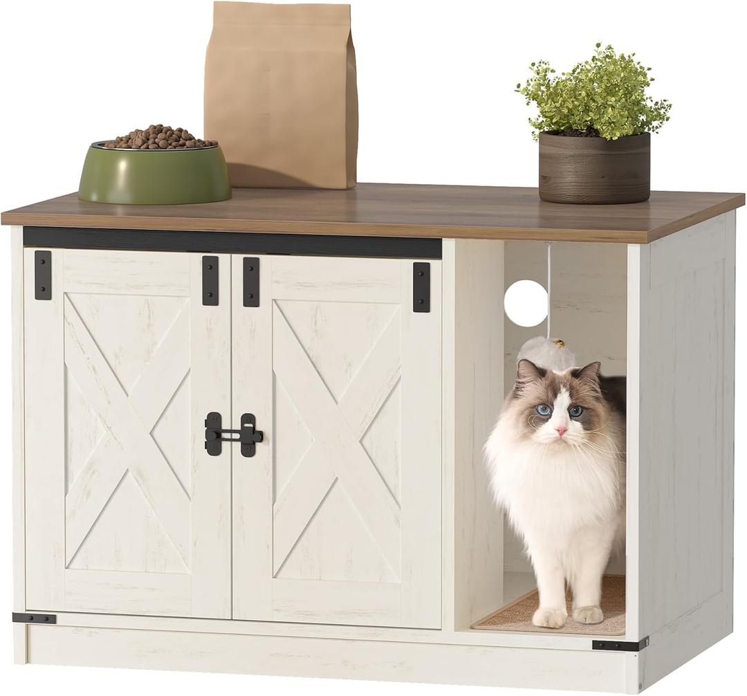 Cat Litter Box Enclosure, Hidden Litter Box Cabinet Furniture with Bell, Indoor Cat House, Farmhouse Style, 31.5 x 19.7 x 20.9Inches, for Hallway, Bedroom, Rustic Brown and White CB82414X