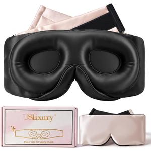 USlixury Silk Sleep Mask, 3D Contoured Sleeping Masks, Blackout Sleep Masks for Women with Nose Wing, 100% Mulberry Silk, Face-Hugging Non-Slip SLEP Mask for Side Sleeper, 27.5x4.5'', Pink