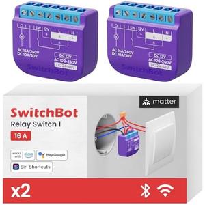 SwitchBot Smart Relay Switch 1(2pack),Smart Relay Module with Built-in Bluetooth Repeater, Wi-Fi&Bluetooth Switch Works with Alexa/AppleHome/Google Home/Matter Hub Required, 2.4GHz, Home Automation
