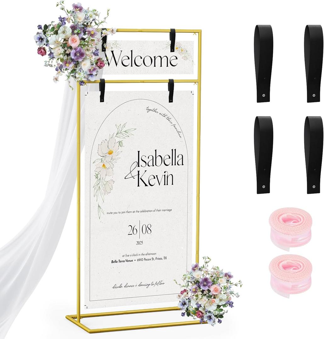 Wedding Welcome Sign Stand 79x32x16 Gold Hanging Sign Holder with 2 Pair Leather Sign Straps & Satin Ribbon, Heavy Duty Easel Stand for Display, Wedding Seating Chart Stand
