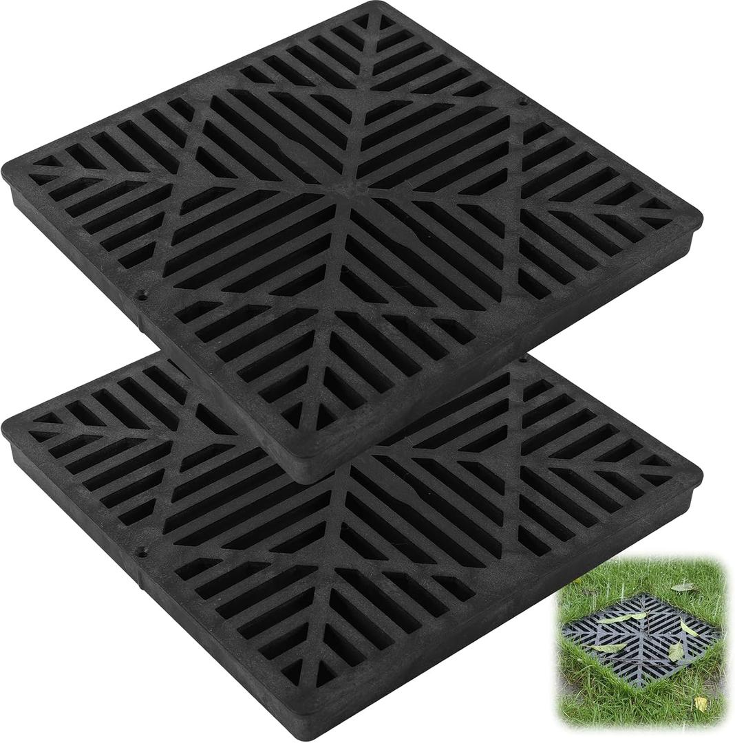 Calvana 2 Pack 12 Inch Catch Basin Drain Grate, Fiberglass Reinforced Polyethylene Square Drain Cover for Yard Patio Driveway Drainage, Black