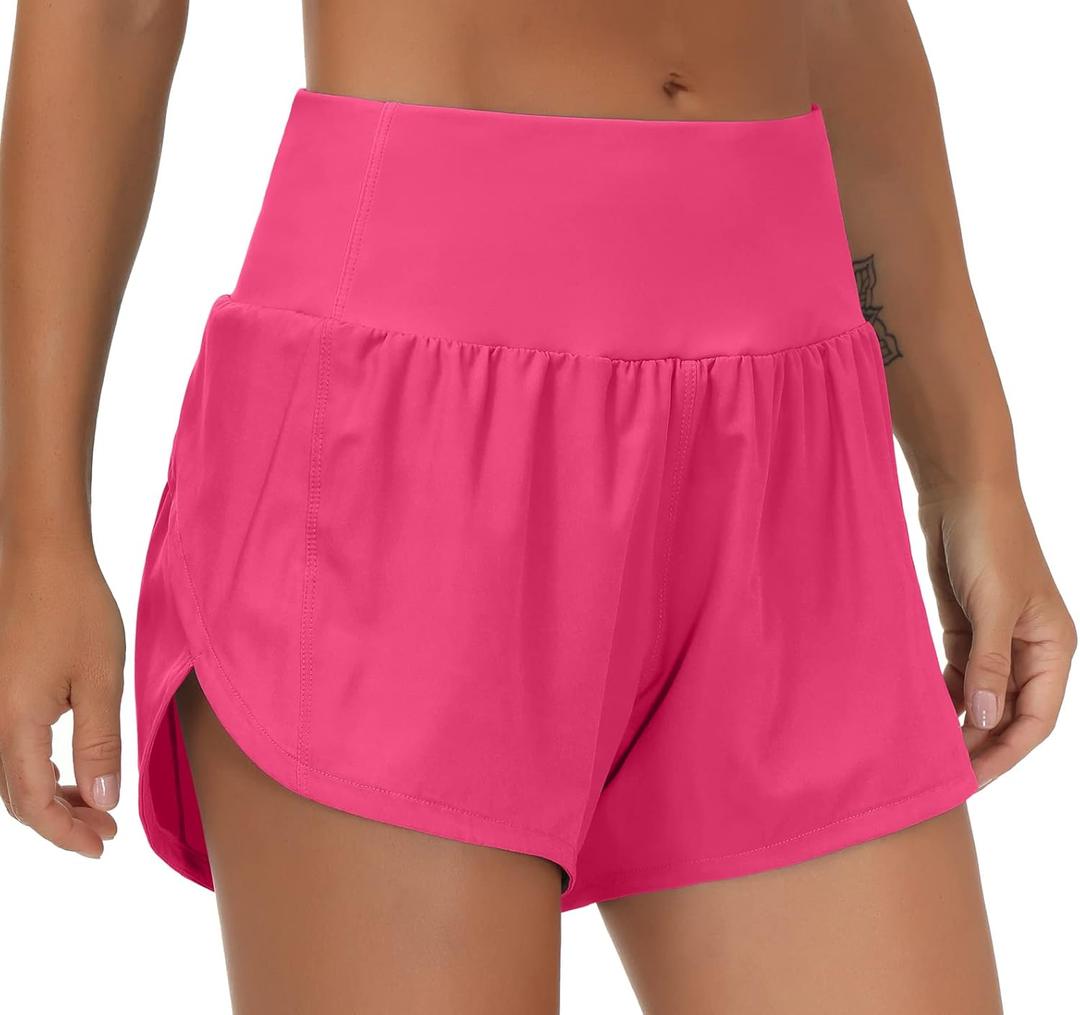 THE GYM PEOPLE Womens High Waisted Running Shorts Quick Dry Athletic Workout Shorts with Mesh Liner Zipper Pockets (Bright Pink, X-Large)