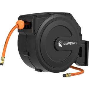 Giraffe Tools Retractable Air Hose Reel Enclosed with 3/8 in. x 50 ft Hybrid Hose, Lightweight Compressor Hose Reel Wall Mounted with 180 Swivel Bracket, 300 PSI (Medium)
