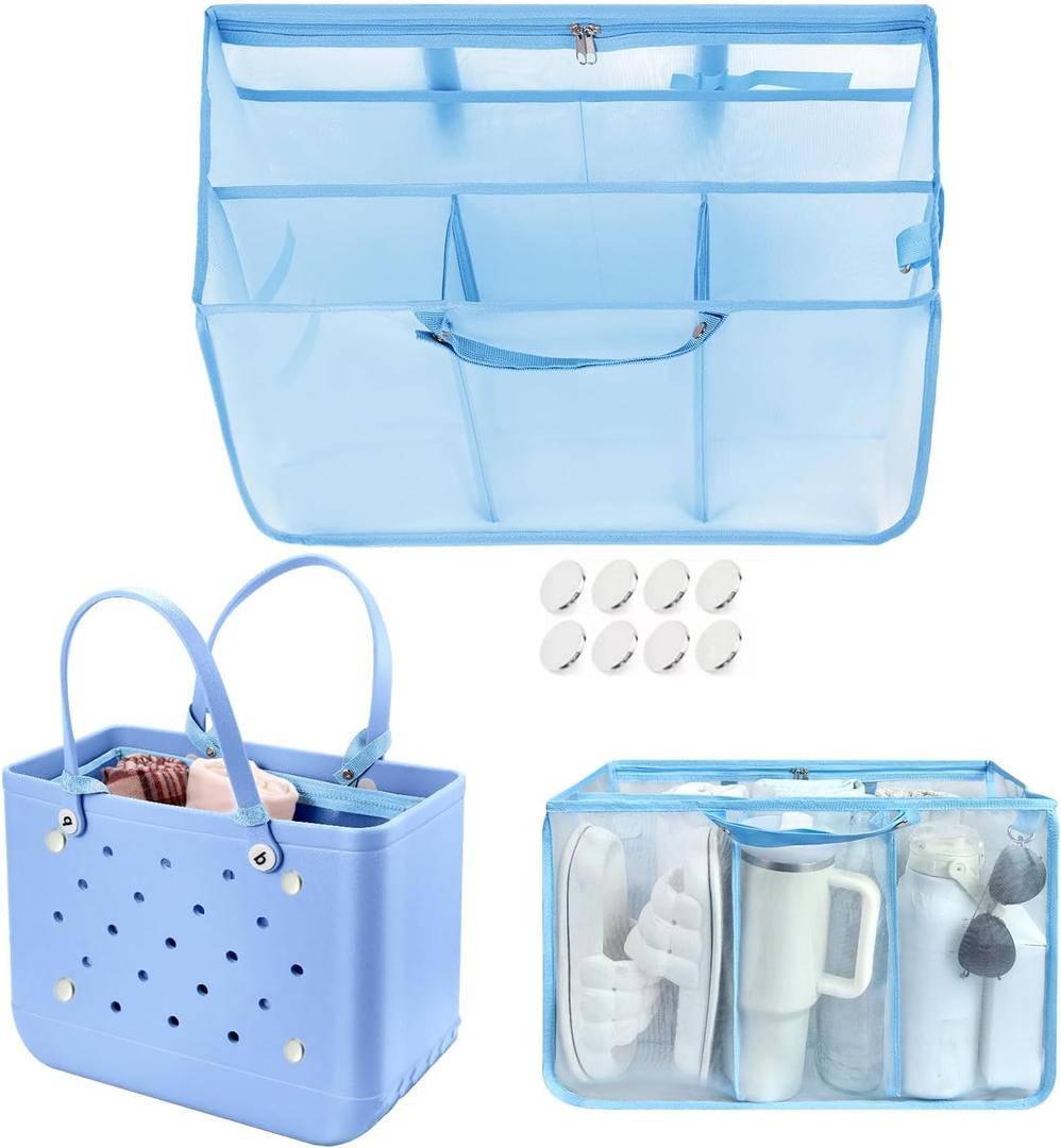 XYFuuee Beach Bag Organizer Inserts for Original Large Bogg Bag Accessories with 8 Removable Metal Fasteners, Lightweight Mesh Insert Divider Pouch, Organizing Rubber Tote, Save Space, Blue XL