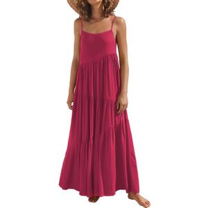Womens Summer Dresses Loose Sleeveless Spaghetti Strap Asymmetric Tiered Maxi Dress (Medium, Rose)