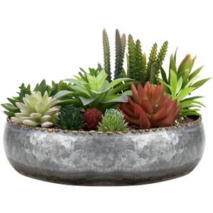 MyGift 11-inch Galvanized Silver Metal Round Planter Bowl with Brass-Tone Pebbled Rim - Handcrafted in India