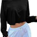 Avanova Women Off The Shoulder Crop Tops Long Sleeve T Shirts Oversized Loose Tee (Small, Black)