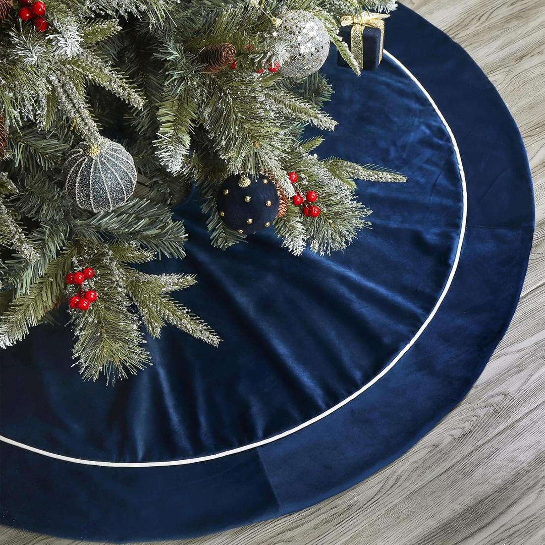Christmas Tree Skirt, 48 inches Velvet Fur Plush Blue Tree Skirt, Xmas Tree Skirts for Merry Christmas Party Rustic Vintage Christmas Tree Decorations