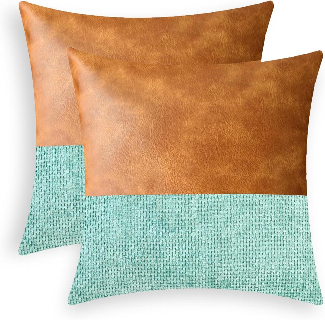 CaliTime Throw Pillow Covers Pack of 2 Soft Faux Leather Solid Dyed Cross Chenille Cushion Cases for Couch Sofa Home Decoration 18 X 18 Inches Light Teal Green