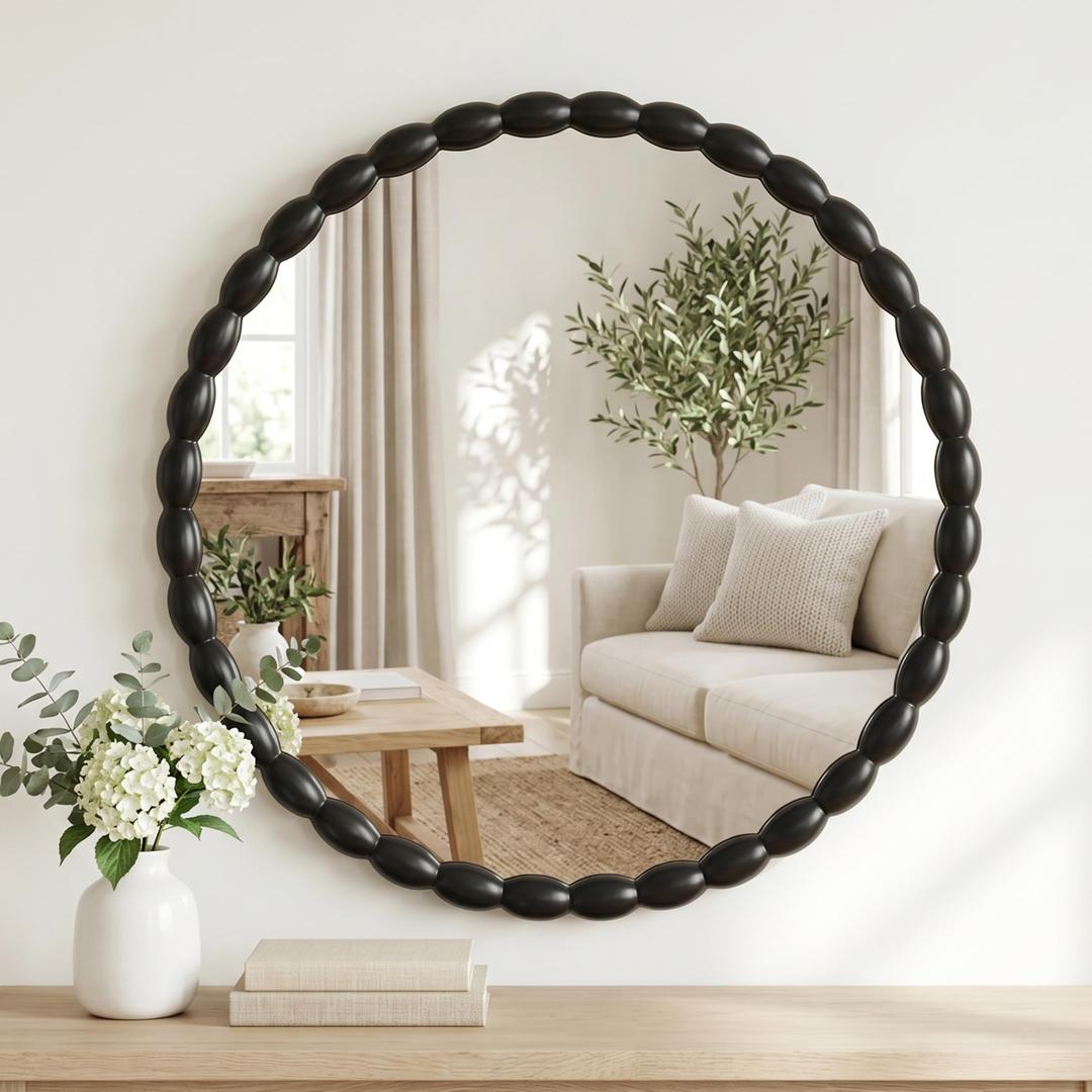 Sangni 30"x30" Round Solid Wood Farmhouse Decorative Wall Mirror