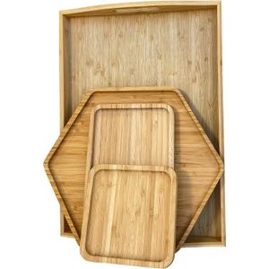 Bamboo Serving Trays 16.5"x11.8"42x30cm with Handle, Set Includes 0.63"(1.6cm) Thick Dinner Plates Hexagon 12.5"(32cm)+Rectangle 9.8"(25cm)*5.9"(15cm)+Square 5.9"(15cm)