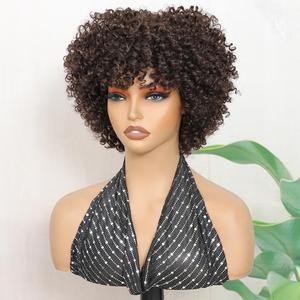 Medium Brown Synthetic Curly Wigs For Black Women Short Curly afro Wig With Bangs Synthetic Hair Heat Resistant African American Wigs