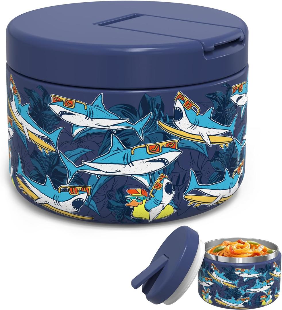 LOHASOK 12oz Kids Soup Thermo for Hot Food Insulated Vacuum Food Jar with Buckle Lid, Stainless Steel Wide Mouth Leak Proof Lunch Container for School Travel 1 Pack (Blue Shark)
