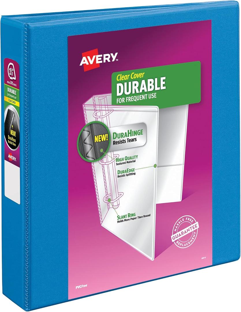 Avery Durable View 3 Ring Binder, 1-1/2 Inch Slant Rings, 1 Pool Blue Binder (17834)