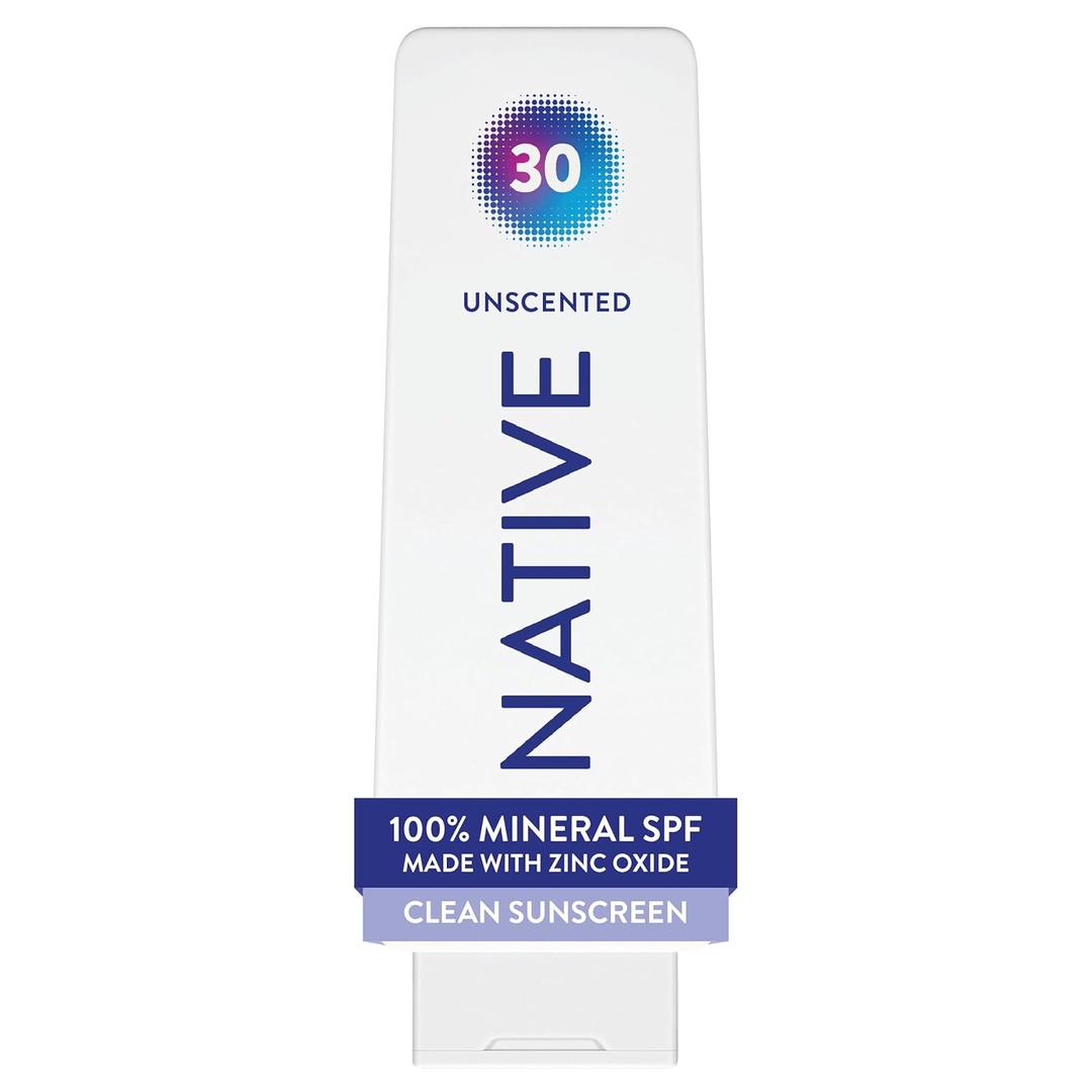 Native Mineral Sunscreen Lotion SPF 30, Unscented, with 100% Mineral Zinc Oxide for Face & Body, Hawaii Compliant, Vegan, No White Cast - 7 oz
