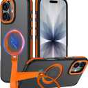 360Spin Magnetic Stand Compatible with iPhone 17 Case, Ring Holder&Kickstand with Silicone Strap[Fit for MagSafe], Mil-Grade Shockproof Protective Translucent Phone Case (Orange)