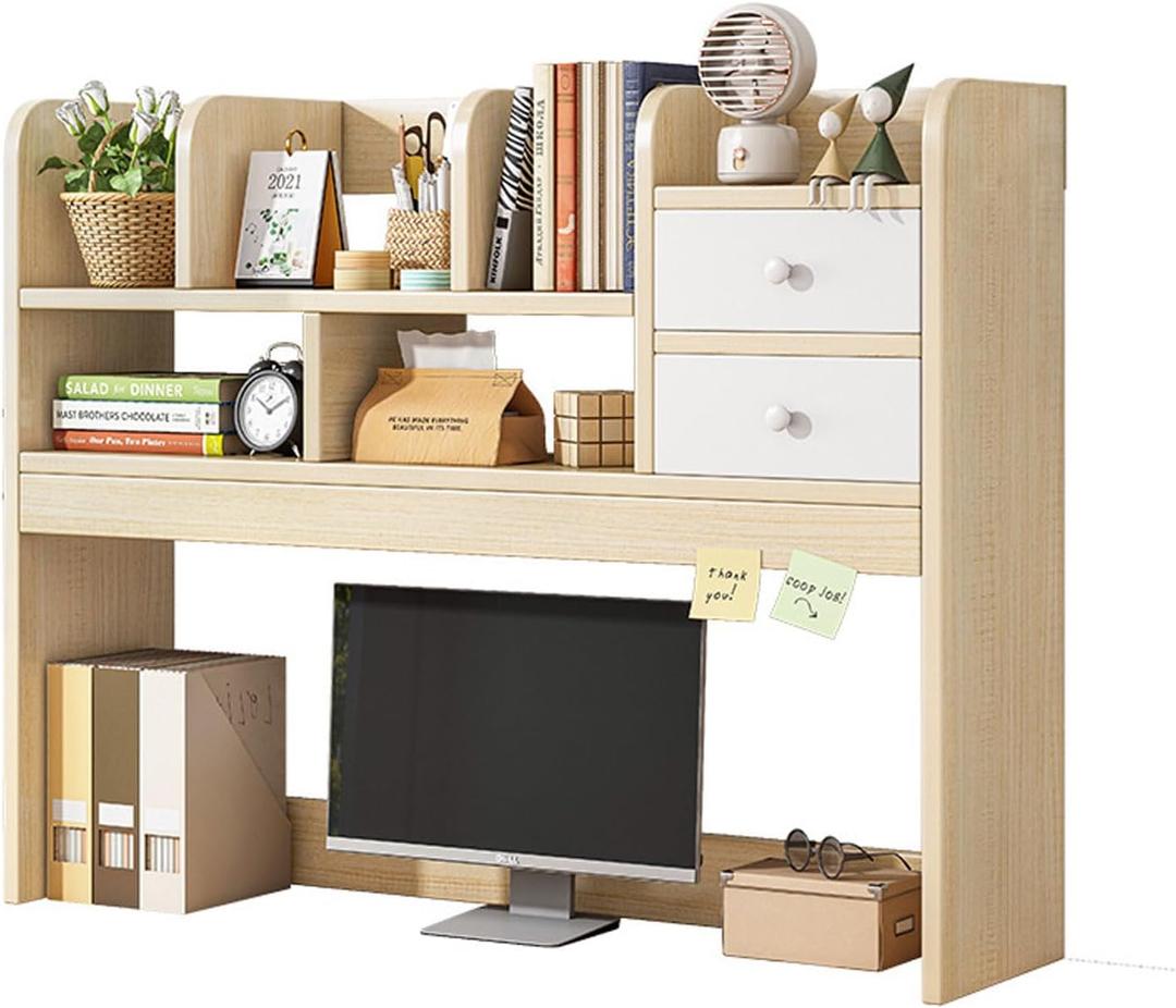 Desktop Bookshelf for Computer Desk, Wooden Desk Storage Hutch with Shelves and Drawers Desktop Display Organizer Rack for Office Home Dorm (72X17X78CM-cherry wood)