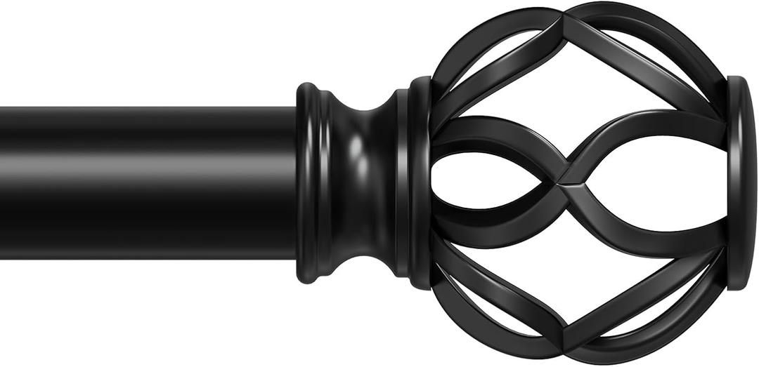Black Curtain Rods for Windows, Matte Black Decorative Window Treatment Rods, 1 inch Metal Adjustable Heavy Duty Drapery Rods 48 to 84 Inch, Splicing Drapery Rods with Twisted Cage Finial