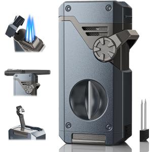 5-in-1 Torch Lighter with Holder, Nubber, Cutter, Punch, Adjustable Windproof 4 Jet Flame, Refillable Butane Lighter, Multi-Functional Lighter Accessories, Men's Elegant Gifts, Travel Outdoors (Blue & Gray)