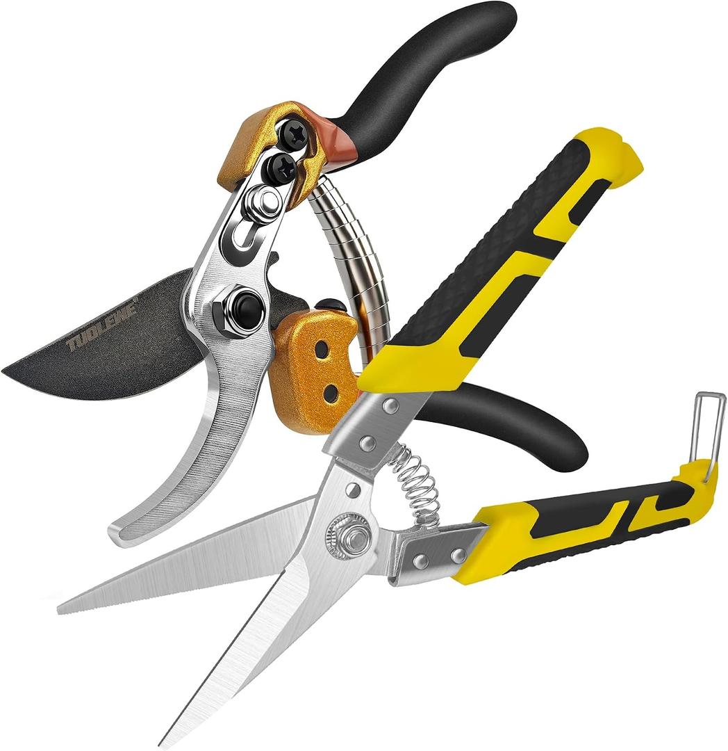Professional 2-Pack Pruning Shears and Tin Snips, 8.7" Tin Snips + 7.5" Pruning Shears