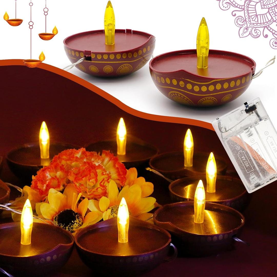alikiki Diwali Diya String Lights - Diwali Gift Decor 10PCS LED Deepawali Battery Operated Diyas Indian Pooja Room Home Office Mandir Puja Gifts Hindu Wedding Light