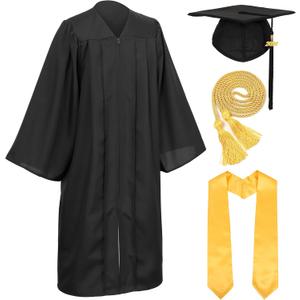 Unisex Adult Matte Graduation Cap and Gown Set with Honor Cord Gold Stoles for College School Bachelor Graduates (Black)