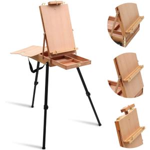 Falling in Art Light Weight French Style Field and Sketchebox Easel with Aluminum Tripod, Adjustable Beechwood Tripod Standing Easel with Drawer, Palette