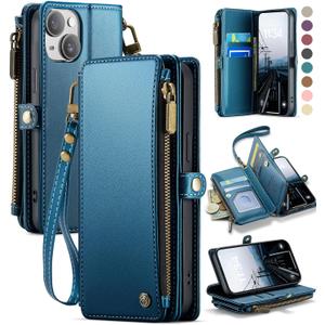 Defencase Compatible with iPhone 14 Case Wallet with RFID Blocking Card Holder for Women and Men, Fashion PU Leather Magnetic Snap Flip Zipper Strap Wallet Phone Case Fit for iPhone 14 6.1", Dark Blue