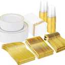 Supernal 400pcs Gold Plastic Plates for 50 Guests Heavy Duty Disposable Party Plates, 200 Gold Plastic Silverware, Linen Napkins, Clear Cups For Valentine's Day Mother's Day and Easter