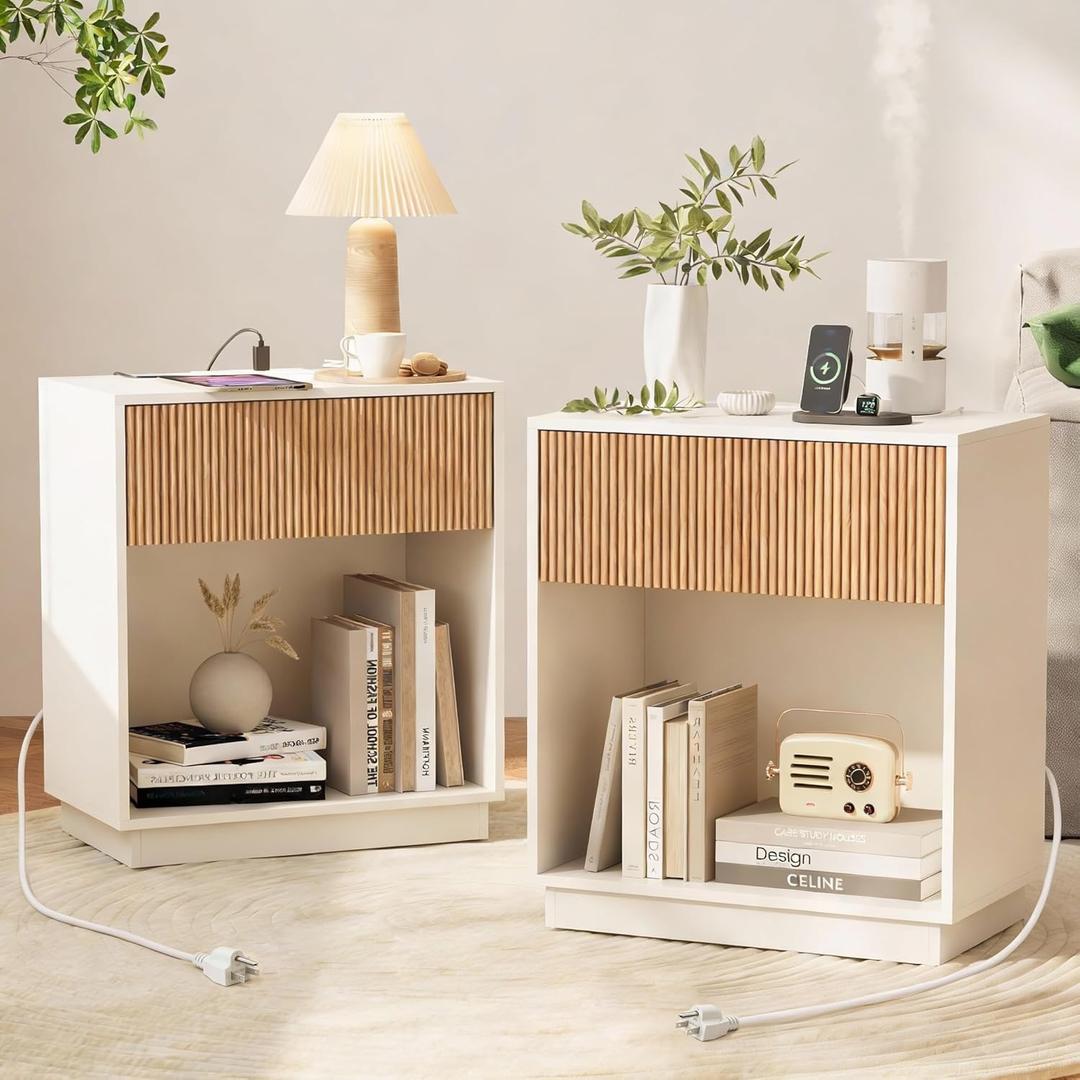 End Table with Charging Station, Fluted Nightstands Set of 2,Modern Bedside Table with Drawer and Storage Shelf, Wood End Table Mid Century Night Stands for Bedroom Living Room(White+Oak)