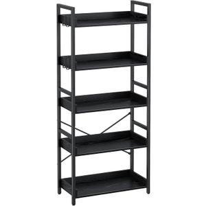 Rolanstar Bookshelf 5 Tier with 4 Hooks, Industrial Wood Bookcase, Vintage Storage Rack with Open Shelves, Rustic Standing Bookshelves Wood Frame Display Rack for Living Room, Bedroom, Black