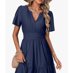 Womens 2025 Summer Long Dress Eyelet Short Sleeve Cocktail Short Dresses Cute A Line Sun Dress with Pockets Size L