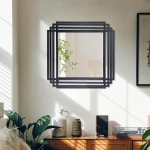 Modern Vanity Mirror, 24"x24" Geometric Art Deco Mirror with Black Metal Frame, Square Elegant Wall Mirrors for Living Room Bathroom Bedroom Entryway Hallway Fireplace