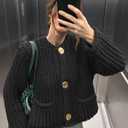 Saodimallsu Womens Button Up Sweaters Fall Chunky Knit Cropped Trendy Crewneck Loose Cardigan with Pockets (Small, Black)