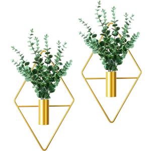 Canlierr 2 Pieces Gold Wall Decor Hanging Planters with Artificial Plants Metal Vase Indoor Plants Holder Modern Geometric Wall Art for Home Bathroom Bedroom Living Room Office(Eucalyptus, Medium)