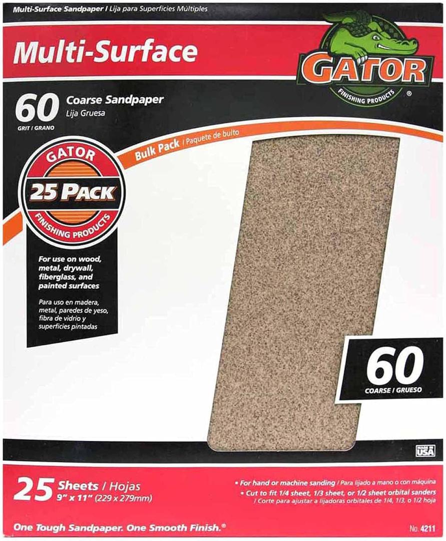 Gator 9" x 11" Multi-Surface Sanding Sheets, 60 Grit, 25 Pack